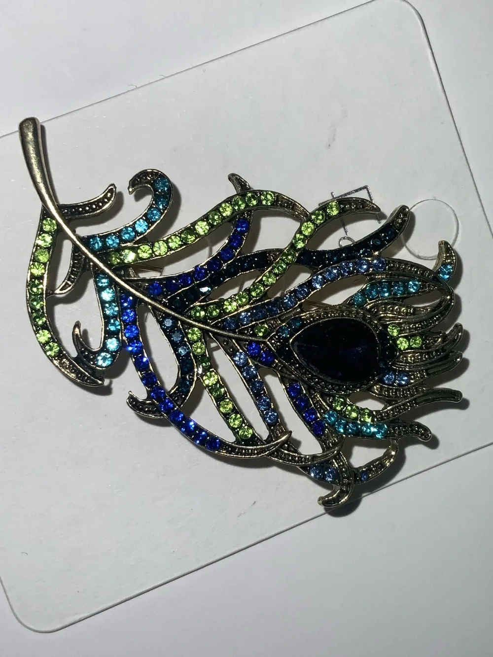 Peacock Feather Statement Brooch with Blue & Green Rhinestones